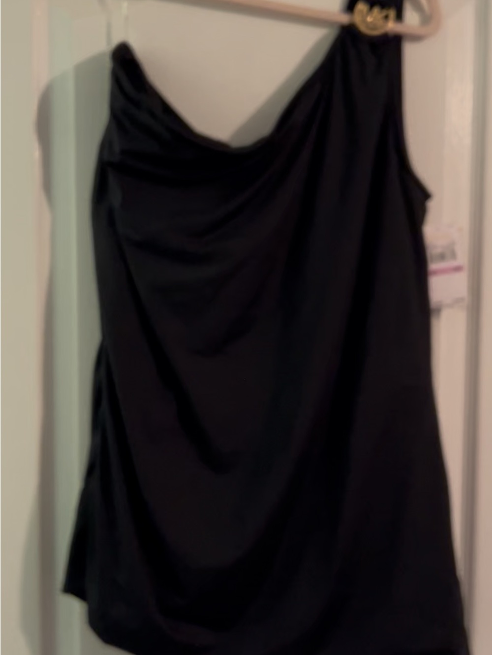 Michael Kors Black One-Shoulder Draped Swim One-Piece with Gold Accent
